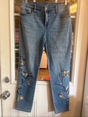 Chico's Light Blue Straight-Leg Jeans with Floral Embroidery